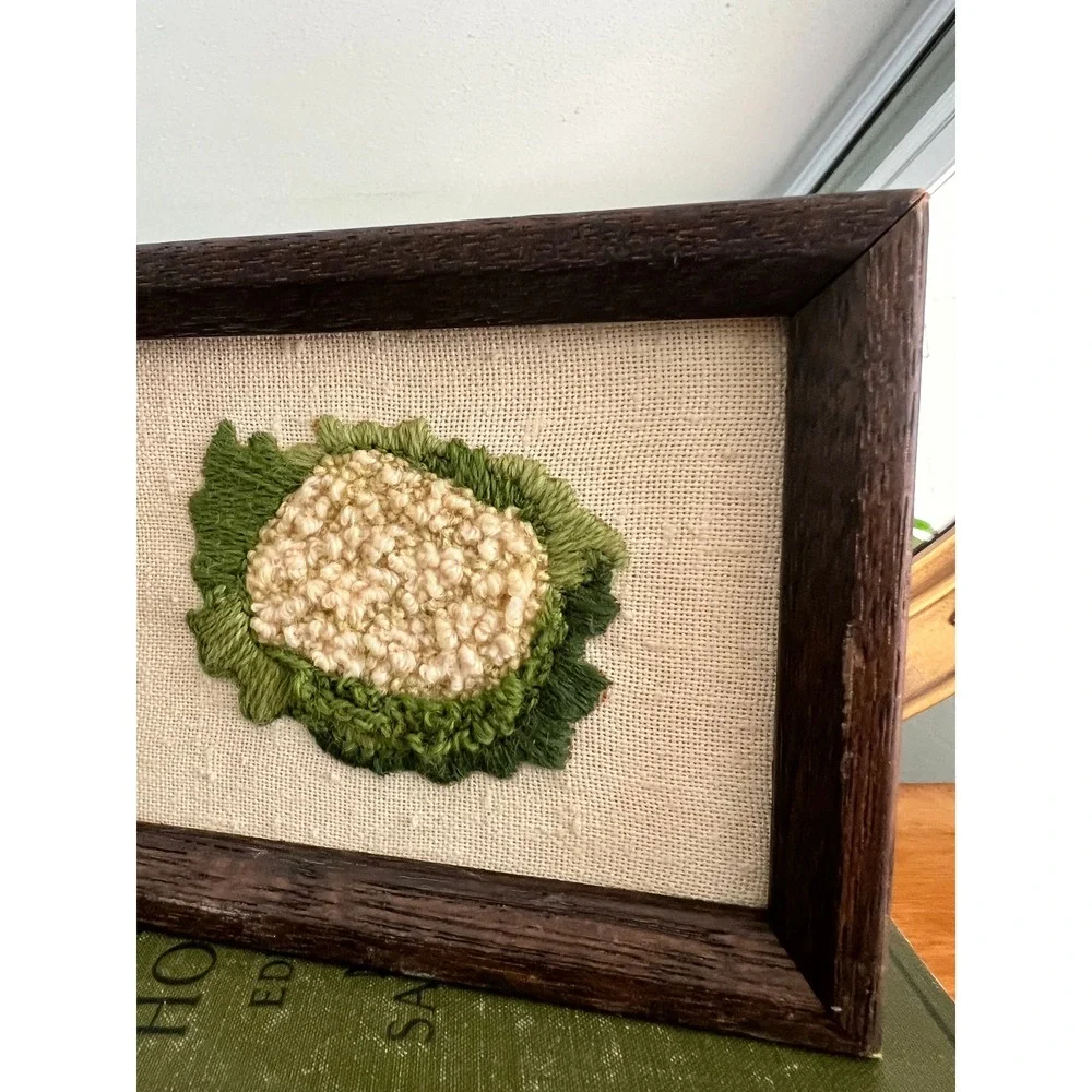 Handmade Crewel Embroidery Cauliflower Folk Art Linen Primitive Framed 5x6